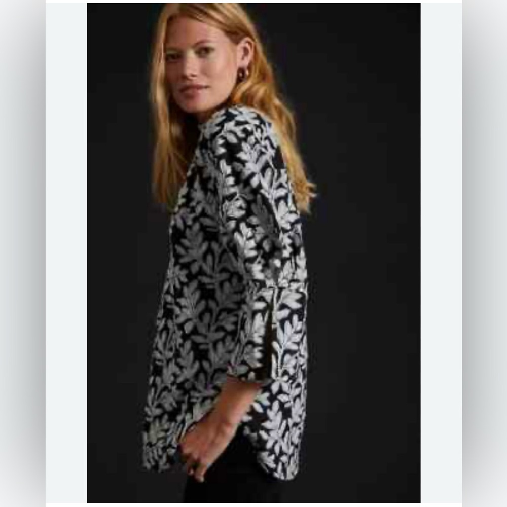 Anthropologie Floral Appliqué Black and White Women's Blouse